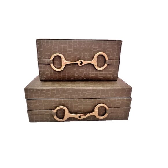 S/2 Vegan Crocodile Decorative Boxes GREEN GOLD EQUESTRIAN Jewelry Storage - Picture 1 of 16